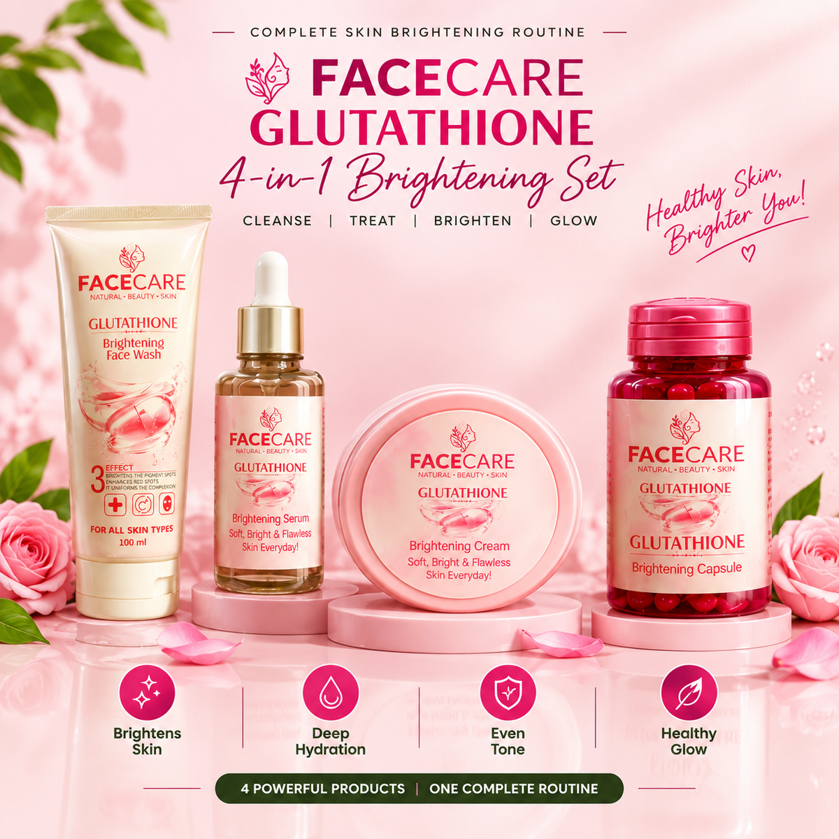 Facecare Glutathione 4-in-1 Brightening Set – Face Wash, Serum, Cream & Capsules