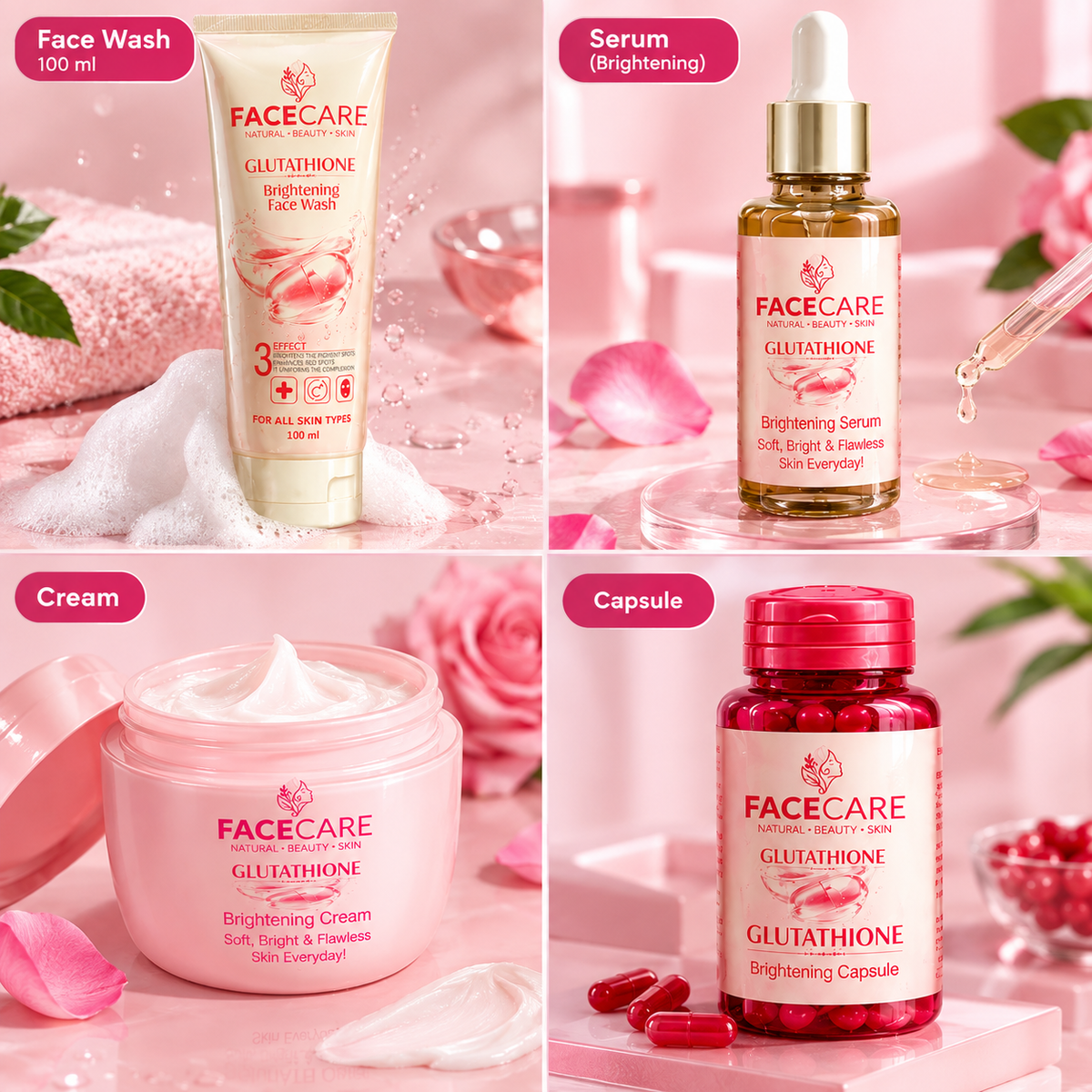 Facecare Glutathione 4-in-1 Brightening Set – Face Wash, Serum, Cream & Capsules
