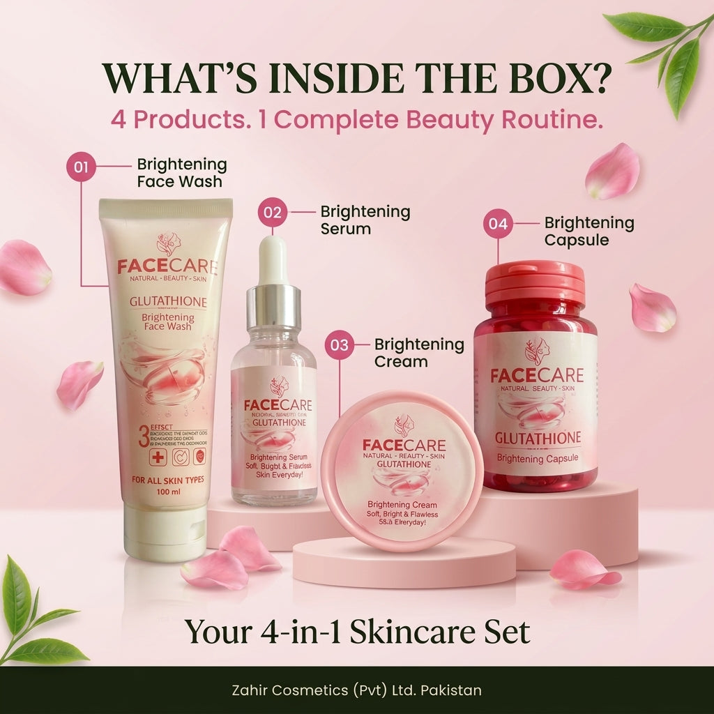 Facecare Glutathione 4-in-1 Brightening Set – Face Wash, Serum, Cream & Capsules